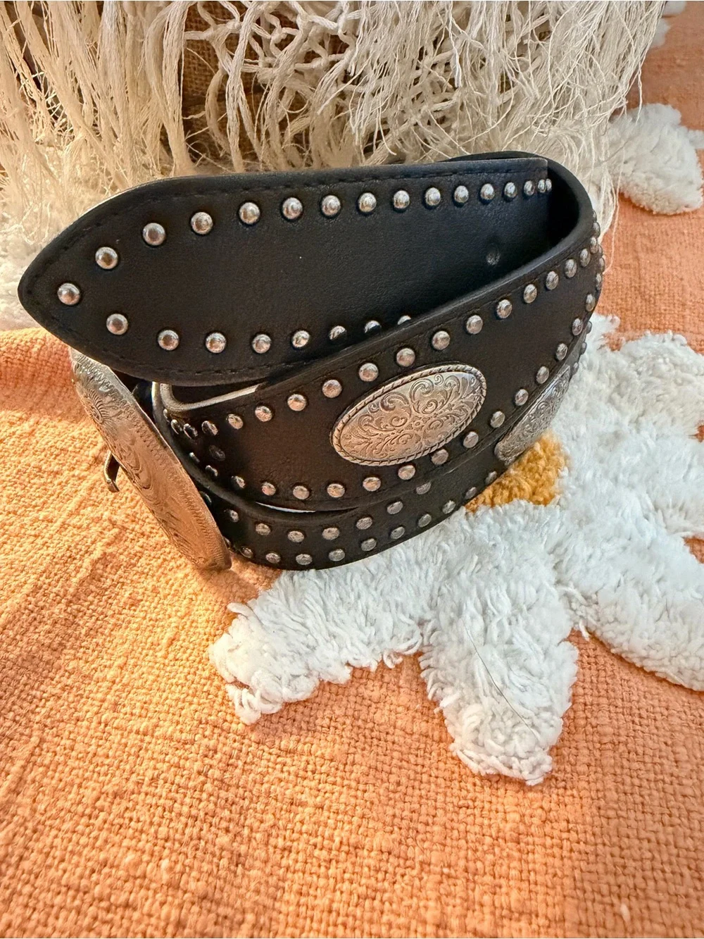 Studded Black Faux Leather Western Buckle Belt